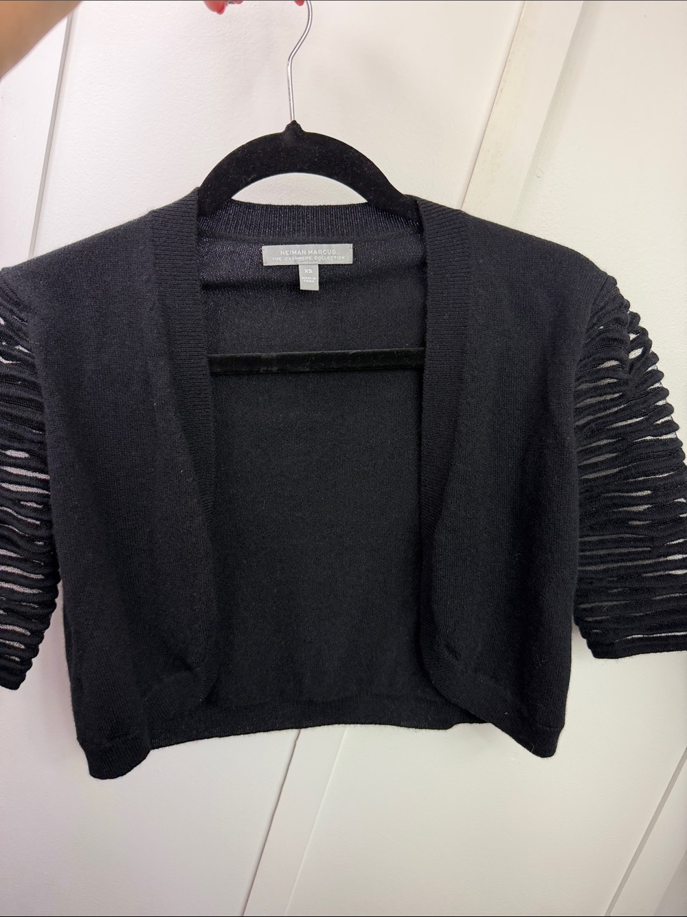 Neiman Marcus Black Open-Front Cropped Cardigan with Ladder-Cut Sleeves
